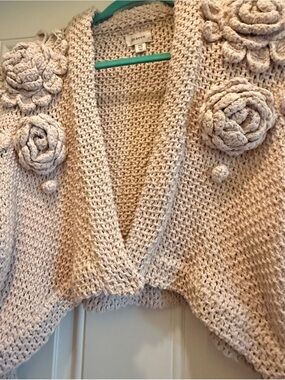 Maeve Beige Chunky Knit Floral Appliqué Cardigan Anthropologie